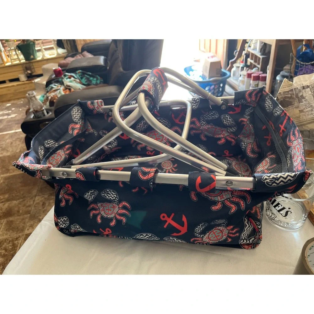 Simply Southern Navy Blue Crab Anchor Collapsible Market Basket Picnic Tote Bag